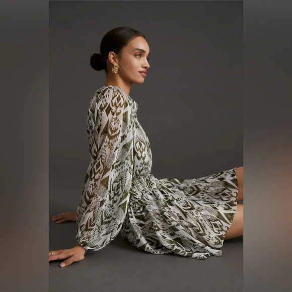 NWT MISA Crewneck Ikat Printed Mini Dress Size XS Moss Olive - Picture 3 of 15